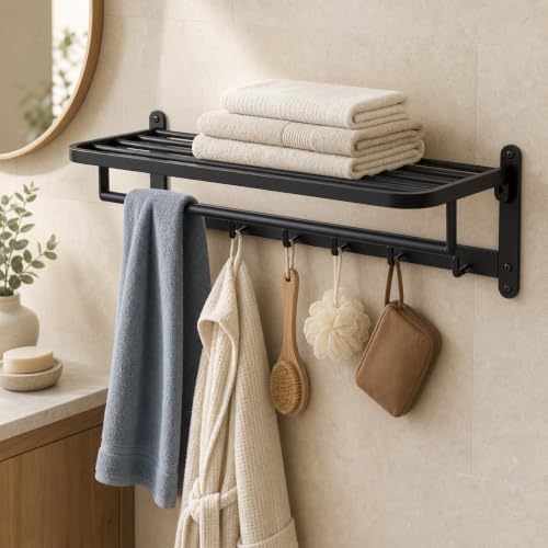 ROSHAN 24 Inch Foldable Towel Rack with Shelf, Wall Mounted, Matte Black