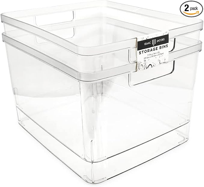 Isaac Jacobs 2-Pack Extra-Large Clear Storage Bins w/Cutout Handles, Plastic by IsaacJacobs