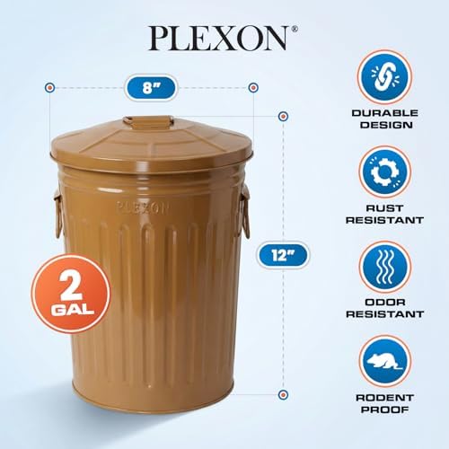 Plexon 2 Gallon Small Metal Trash Can with Lid Bathroom Garbage Can with Lid Bathroom Trash Can for Bedroom Office Kitchen Indoor Waste Basket, Round Powder Coated Brown