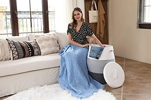 26"x20" Extra Large Tall Woven Laundry Basket with Lid, Cotton Rope...