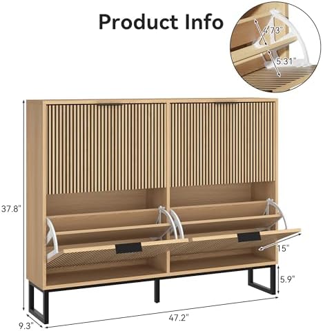 Modren Shoe Cabinet with 4 Flip Drawers and Metal Legs, Walnut丨Narrow Wood Sh...