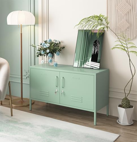 Green 2-Door Wide Lockable Metal Storage Cabinet, TV Stand & Media Consol...