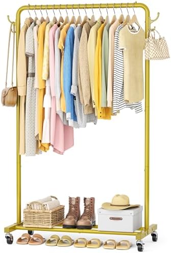 Clothes Rail with 4 Side Hooks, Storage Shelf and Wheels, Metal, Golden