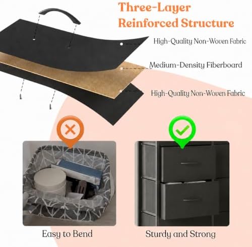 9-Compartment Storage Cabinet with Fabric Bins and Steel Frame, Black