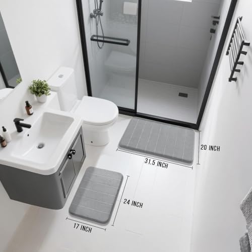 Yimobra Memory Foam Bathroom Rugs Sets 2 Piece - Super Soft Absorbent Quick Dry Bath Mat Set, Machine Washable Non Slip Floor Carpet for Tub Shower & Single Sink (17x24 & 31.5x20 Inch, Gray)