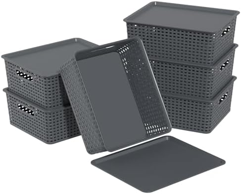 Plastic Storage Baskets with Lids, Organizer Bins, 6-Pack, Gray