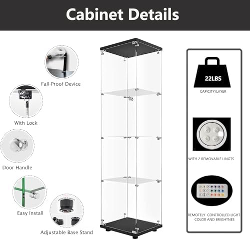 Glass Display Cabinet with Lights and Lock, 4-Tier Display Case Curio Cabinet...
