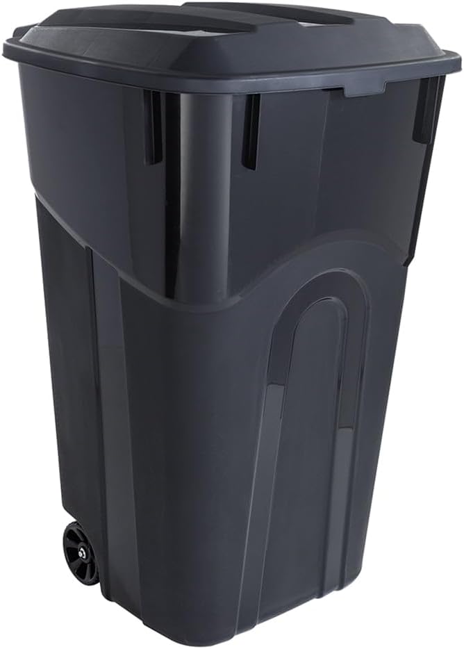 32 Gallon Wheeled Heavy Duty Plastic Garbage Can with Attached Lid – Rugged Wheels, Easy Grip Handle for Indoor/Outdoor Use