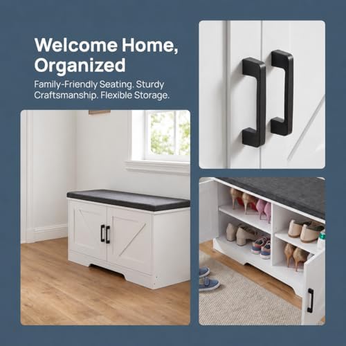 HOMSHO Farmhouse Shoe Storage Bench with 2 Barn Doors & Padded Seat Cushion