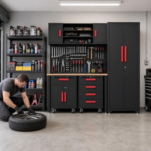 6Pcs Garage Cabinets Storage System with Rolling Chest,Red Handle