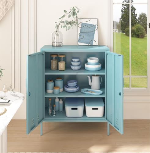 Blue 2-Door Lockable Metal Storage Cabinet, Heavy Duty 3-Tier Tall Locker with Removable Shelves, Multifunctional Accent Cabinet for Home, Office, Entryway & Hallway, Easy Assembly