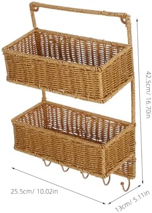 Angoily Woven Wall Mount 2-Tier Storage Sorter Basket with 5 Hooks Rattan Han...