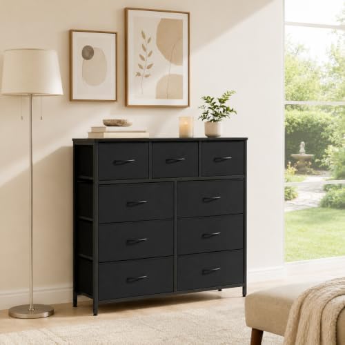 9-Compartment Storage Cabinet with Fabric Bins and Steel Frame, Black
