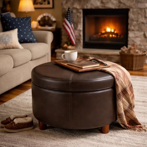 HomePop 24" Round Leatherette Storage Ottoman - Chocolate Brown