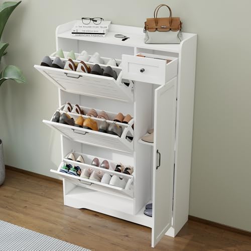 Shoe Storage Cabinet with 3 Flip Drawers, Freestanding Hidden Wooden Shoe Sto...