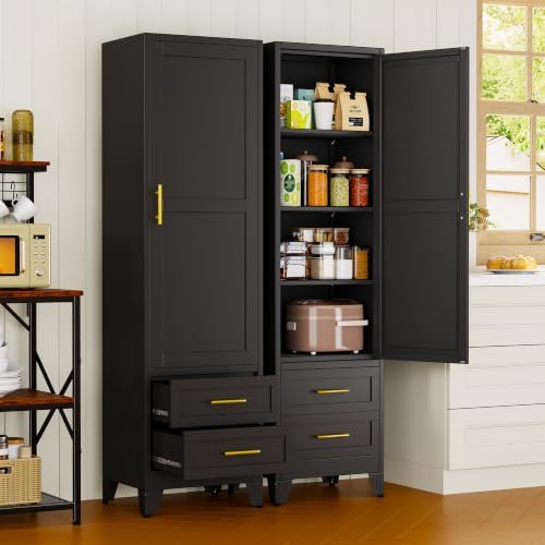 67" Tall Narrow Metal Storage Cabinet, Freestanding Pantry Organizer, Black