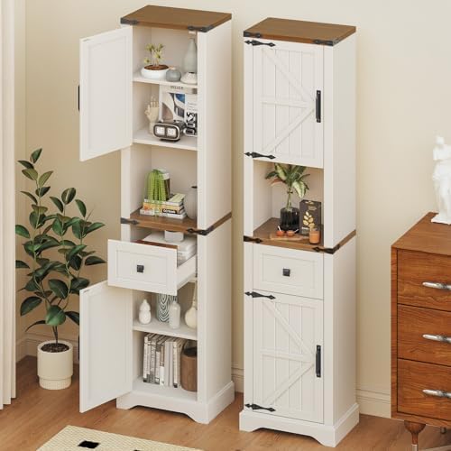 66" Tall Farmhouse Bathroom Storage Cabinet with Barn Doors,Unique White