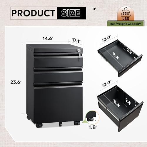 DEVAISE 3 Drawer File Cabinet with Lock, Fully Assembled Except Casters