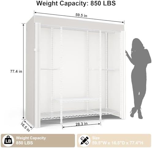 ULIFHOME E3C White Clothes Rack with Beige Cover, Heavy Duty Garment Rack