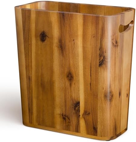 Tidita Acacia Wood Waste Basket with Handle, 3 Gallon for Bathroom, Bedroom | Acacia Wood, Rustic Style, Open-Top, Integrated Handles, Space-Saving, No Assembly, Multi-Purpose Storage for Bedroom, Office