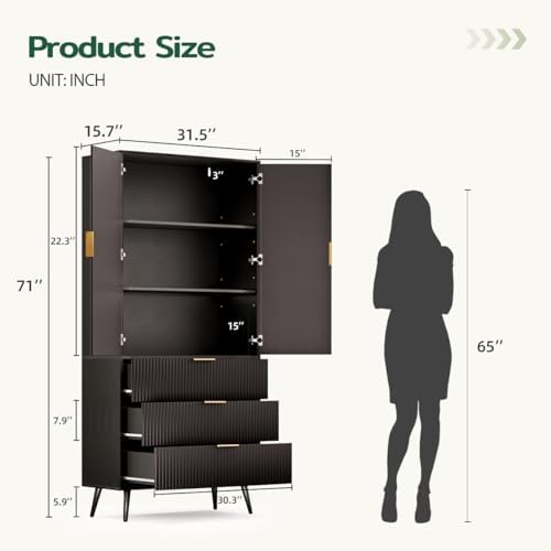 Fluted Tall Cabinet Kitchen Pantry with Adjustable Shelves, Black