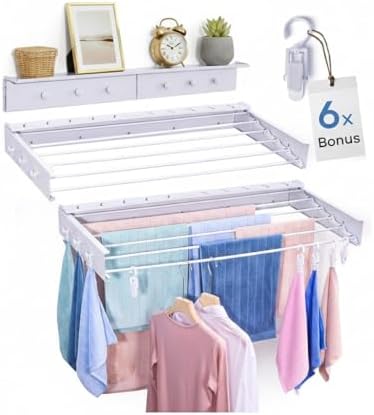 40" Premium Aluminium Foldable Clothes Drying Rack Included Shelf with 6 Rods & 6 Extra Clips - Large Laundry Rack | 65 LBs Capacity Space-Saving Collapsible Design for Indoor Outdoor Use