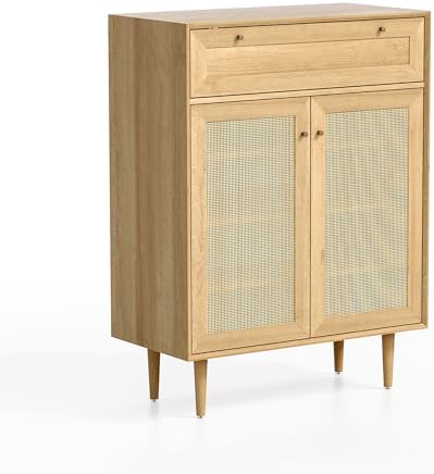 Farmhouse Rattan Shoe Cabinet Boho Shoe Storage Cabinet with 2 Doors Large Wo...