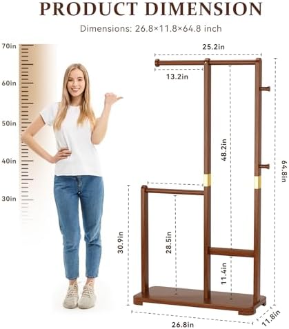 Solid Wood Coat Rack Freestanding Double Rod Clothes Rack Space Saving