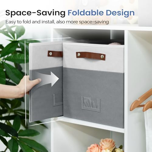 FinishingBo 13 inch Storage Bins with Labels 6 Pack | PU Leather Handles, Foldable Storage Cubes, Storage Baskets, Closet Storage, White/Dark Grey