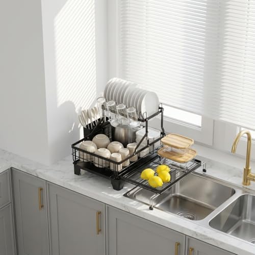 GSlife Large 2 Tier Dish Drying Rack - Expandable Over Sink & Counter Use