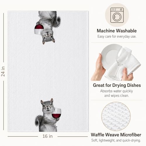 1PCS Funny Wine Lover Kitchen Towels, Squirrel Wine Dish Towels for Kitchen, 16x23.5 Inch Absorbent Waffle Tea Towels, Decorative Hand Towels, Housewarming Hostess Gifts