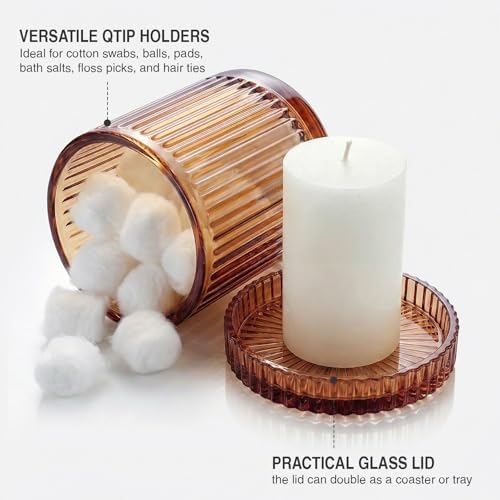 2 Pack Qtip Holder - Apothecary Jars with Lids, Bathroom Organizers and Storage Canister for Cotton Balls,Swabs,Floss Picks,Hair Ties,Clear Glass Vintage Bathroom Decor Jar Set (Brown)