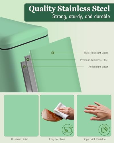 12 Gallon Slim Kitchen Trash Can, Large Slim Green Garbage Can | Stainless Steel Trash Can, Plastic Removal Inner Bucket, Soft-Close Lid, 45 Liter Pedal Garbage Can, for kitchen, bathroom