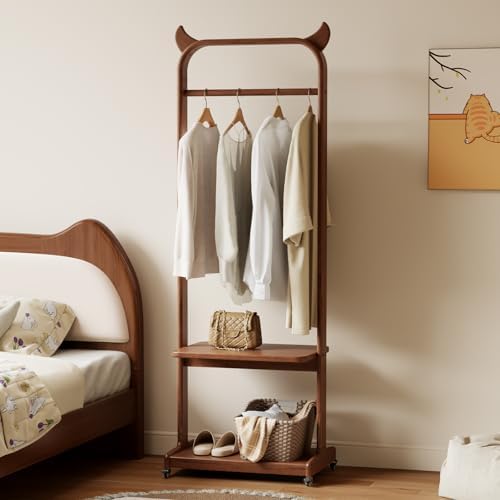 Solid Wood Clothing Racks with Shelves, Rolling Clothes Rack for Hanging Clot...