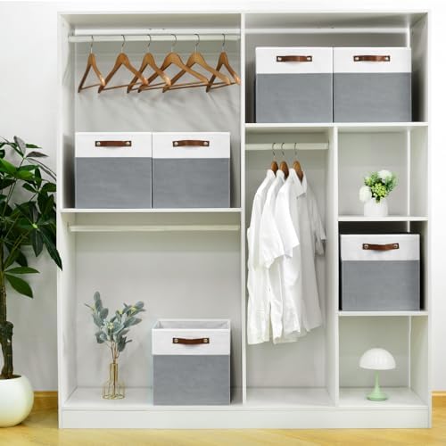FinishingBo 13 inch Storage Bins with Labels 6 Pack | PU Leather Handles, Foldable Storage Cubes, Storage Baskets, Closet Storage, White/Dark Grey