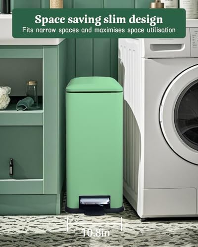 12 Gallon Slim Kitchen Trash Can, Large Slim Green Garbage Can | Stainless Steel Trash Can, Plastic Removal Inner Bucket, Soft-Close Lid, 45 Liter Pedal Garbage Can, for kitchen, bathroom
