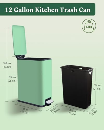 12 Gallon Slim Kitchen Trash Can, Large Slim Green Garbage Can | Stainless Steel Trash Can, Plastic Removal Inner Bucket, Soft-Close Lid, 45 Liter Pedal Garbage Can, for kitchen, bathroom