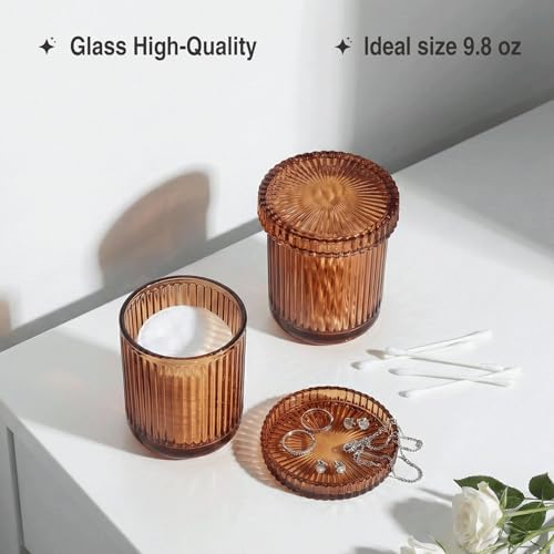 2 Pack Qtip Holder - Apothecary Jars with Lids, Bathroom Organizers and Storage Canister for Cotton Balls,Swabs,Floss Picks,Hair Ties,Clear Glass Vintage Bathroom Decor Jar Set (Brown)