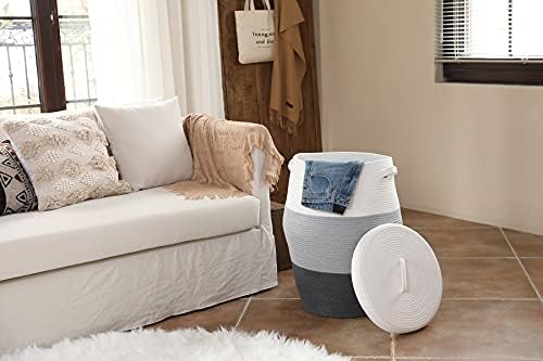26"x20" Extra Large Tall Woven Laundry Basket with Lid, Cotton Rope...