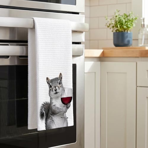 1PCS Funny Wine Lover Kitchen Towels, Squirrel Wine Dish Towels for Kitchen, 16x23.5 Inch Absorbent Waffle Tea Towels, Decorative Hand Towels, Housewarming Hostess Gifts
