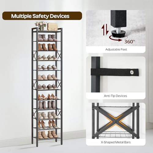 YATINEY 12-Tier Narrow Shoe Rack, Tall Shoe Rack for 12-24 Pairs, Slim Shoe S...