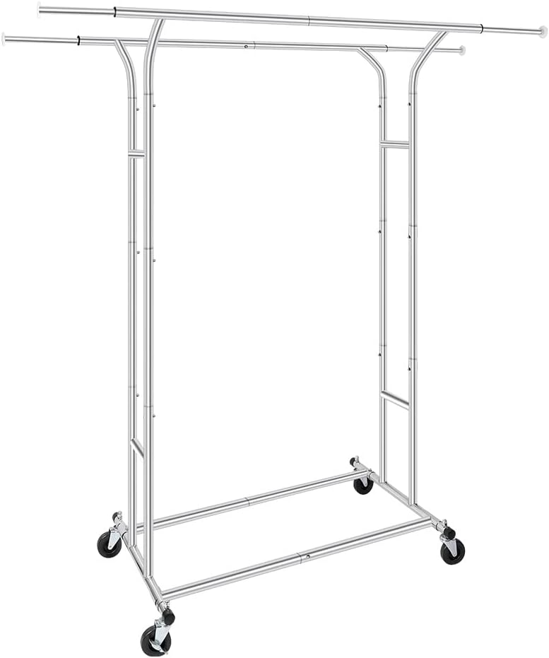 Fishat Silver 60" H Heavy Duty Double Rod Rolling Garment Clothes Rack
