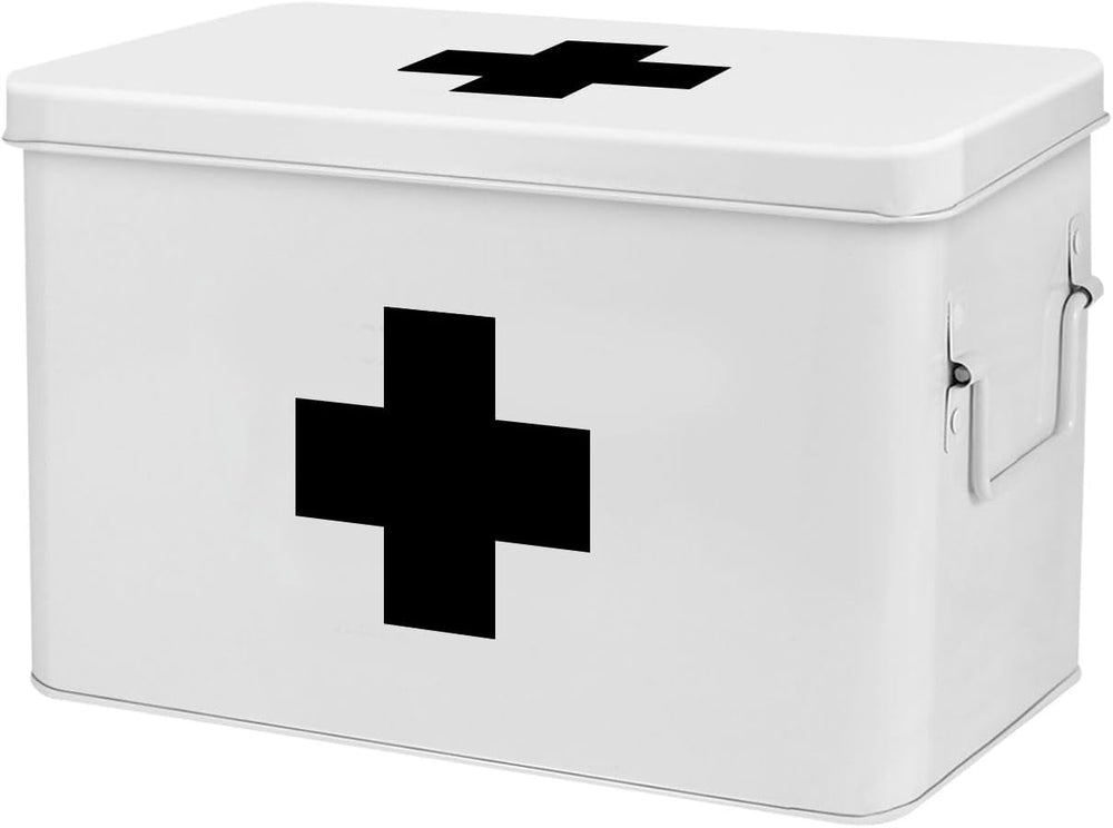 Flexzion Large Metal First Aid Box Empty, 13-Inch, White with Black Cross