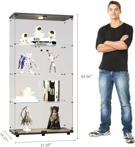 Modern 4-Tier Shelf Glass Curio Collection Display Case Cabinet with 2 Door i...