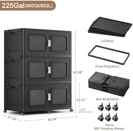 BROVIEW 900 Qt Extra Large Stackable Storage Bin with Lids, 3 Pack Black