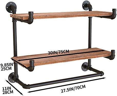 30in Industrial Pipe Clothing Rack,2-Tier Wall Mounted Clothes Rack, Pipe Clo...