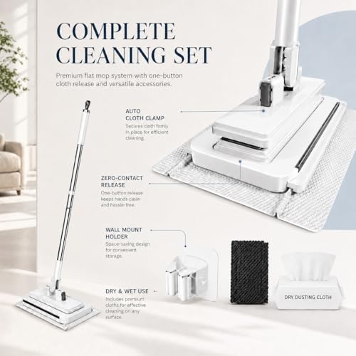 Hands-Free Multi-Purpose Flat Mop, Shark Tooth Triple Grip Built-in Rubber Squeegee for Window One Button Automatic Release Flat Mop Washable Reusable Microfiber Cloth,10×49 in