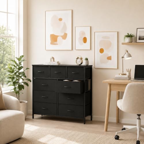 9-Compartment Storage Cabinet with Fabric Bins and Steel Frame, Black