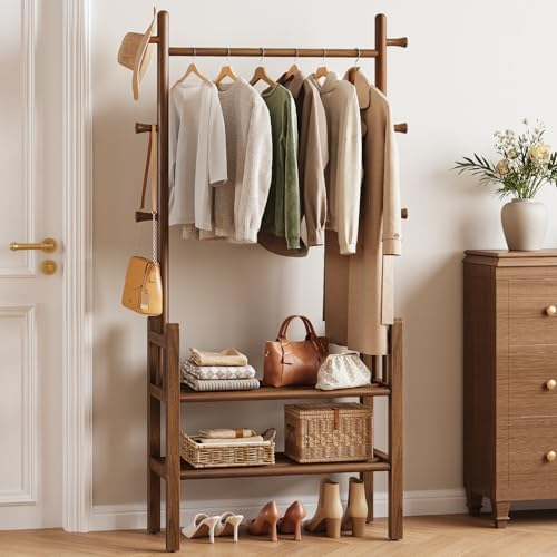 Solid Wood Clothing Rack with Shelves - Coat Rack Freestanding with 6 Hooks L...