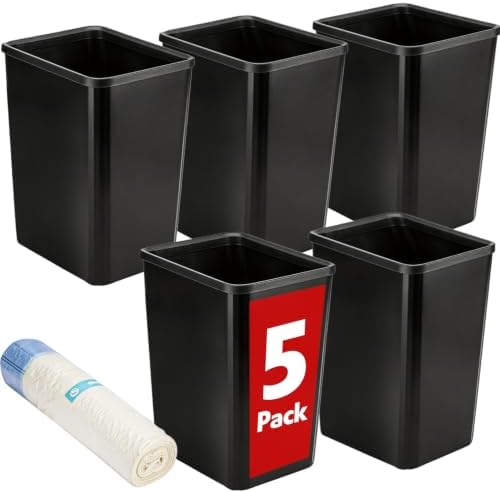 5 Pack Small Trash Can, Plastic Wastebaskets, 3.5 Gallon Small Garbage Can for Bathroom, Bedroom, Kitchen, Offices, Black